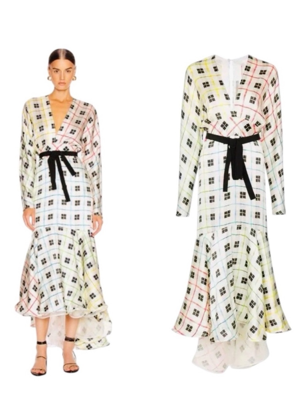 Silvia Tcherassi Angelina Ivory Silk Geometric Check Fishtail Hem Maxi Dress